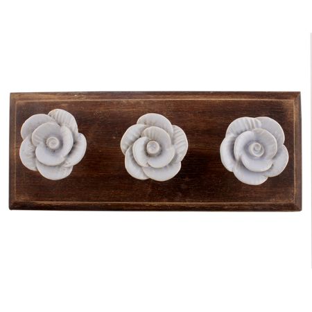 Light Blue Medium Rose Flower Ceramic Wooden Hooks 